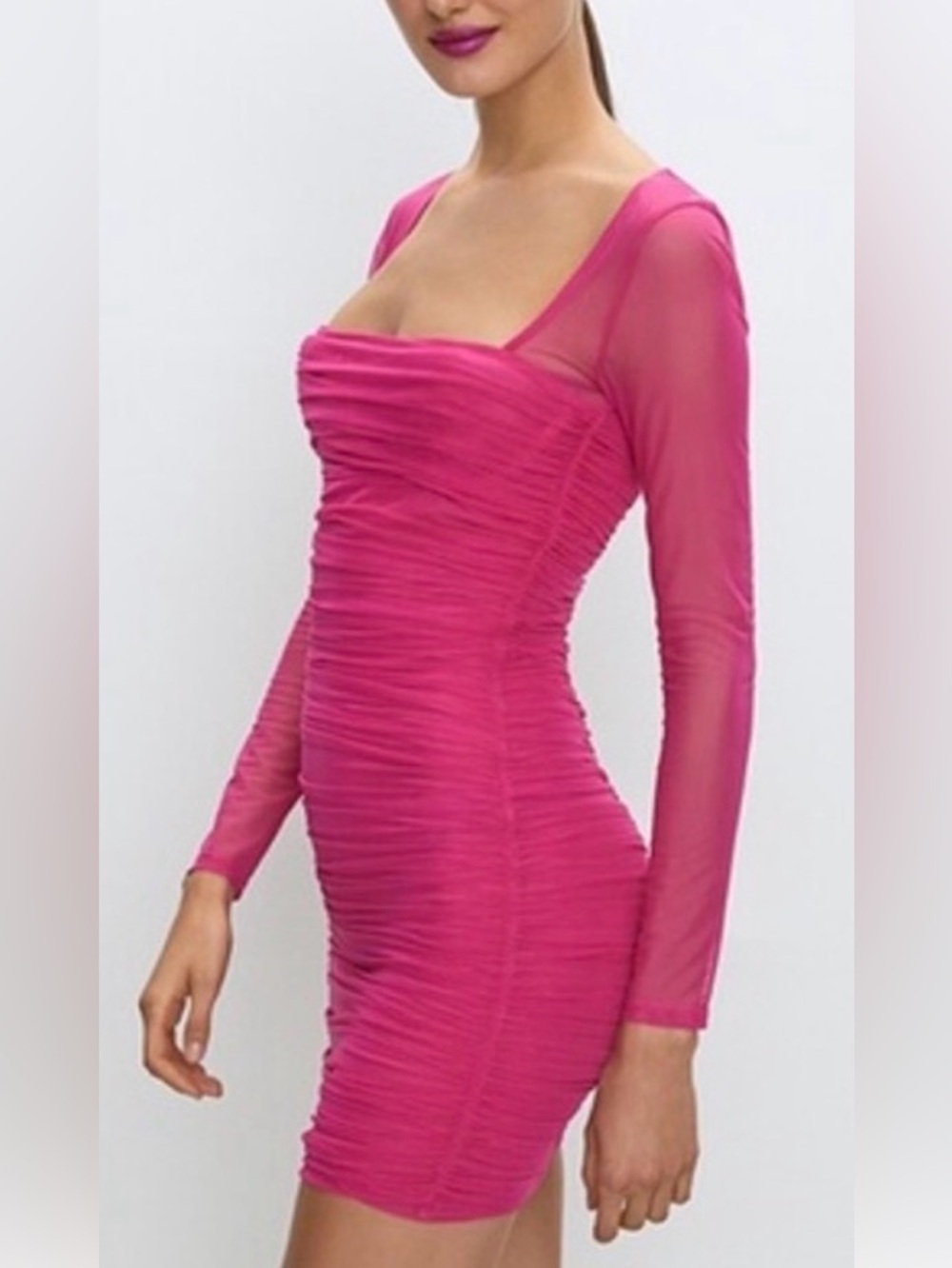 Babaton Hot Pink Ruched Mesh Long Sleeve Dress – Size 6 NWT
